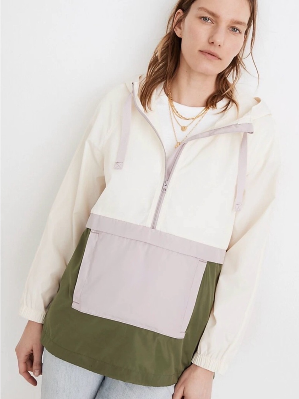 Madewell Colorblock Anorak Pullover Jacket in Cream, Lavender and Olive size XL